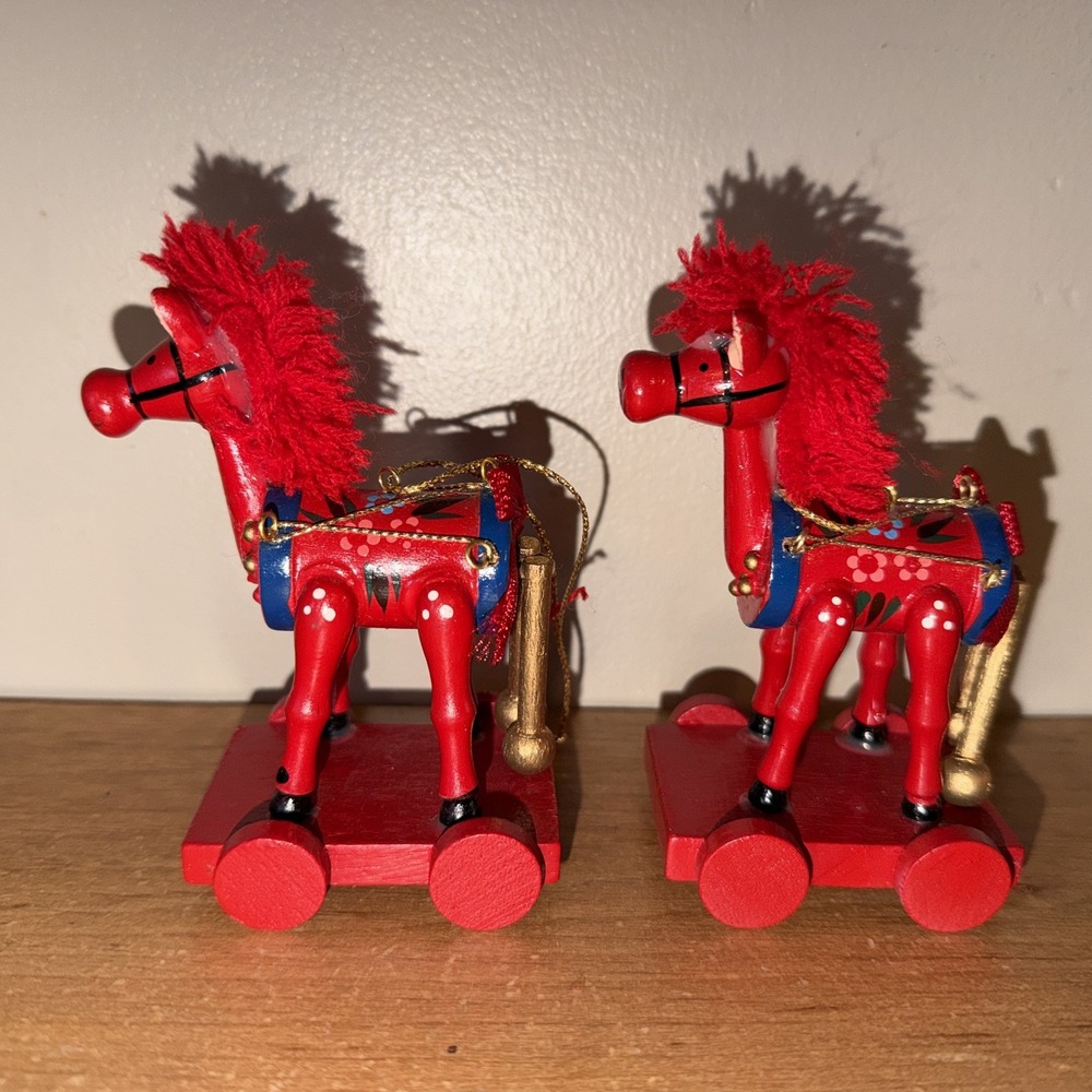 Lot of 2 - Vintage RUSS Christmas Wooden Toy Drum Horse Ornaments - EUC